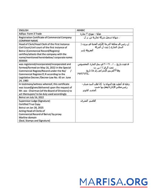 Downloadable Lebanon registration certificate Word and PDF template